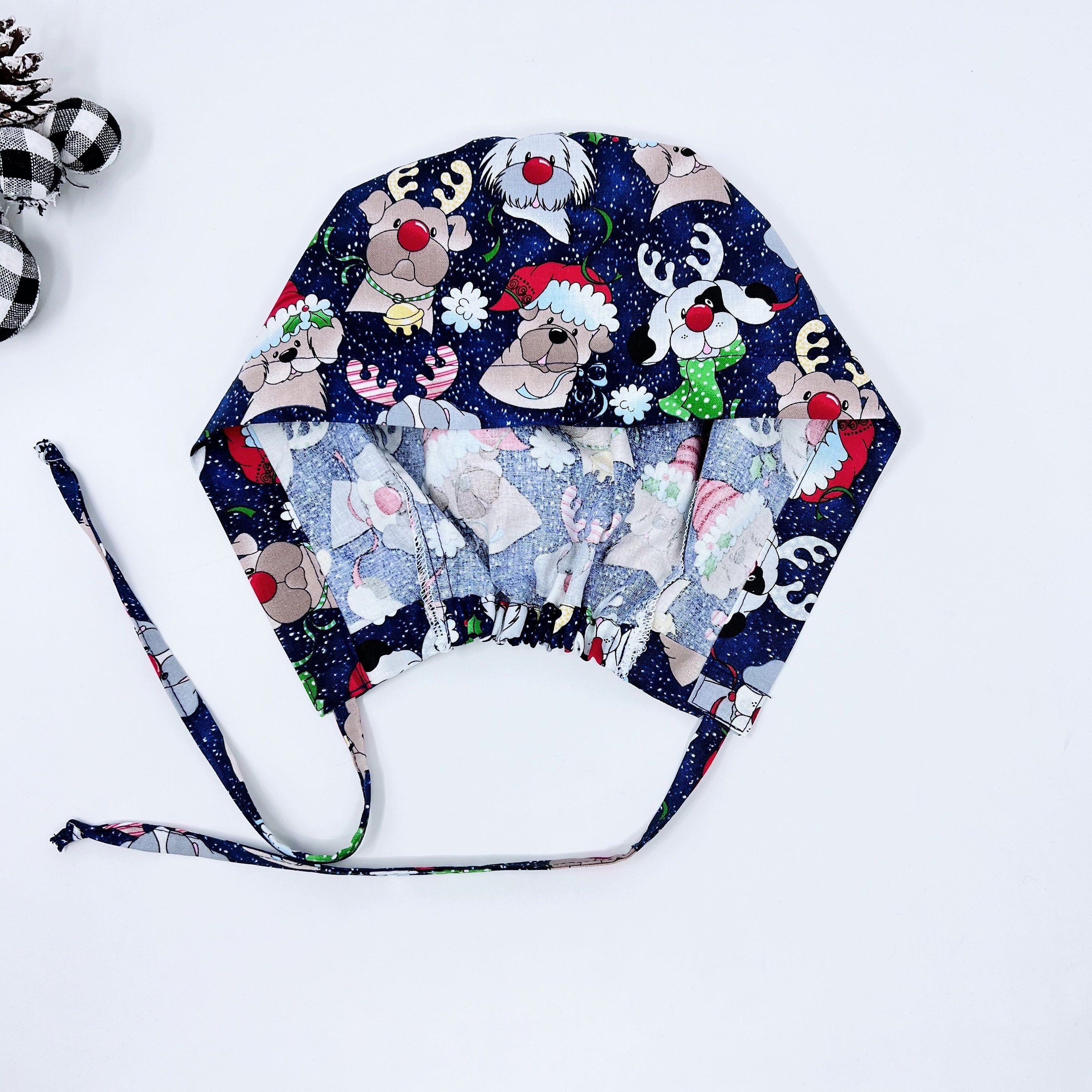 Christmas dogs skull tie-back style surgical scrub cap for men by Paradise Caps.