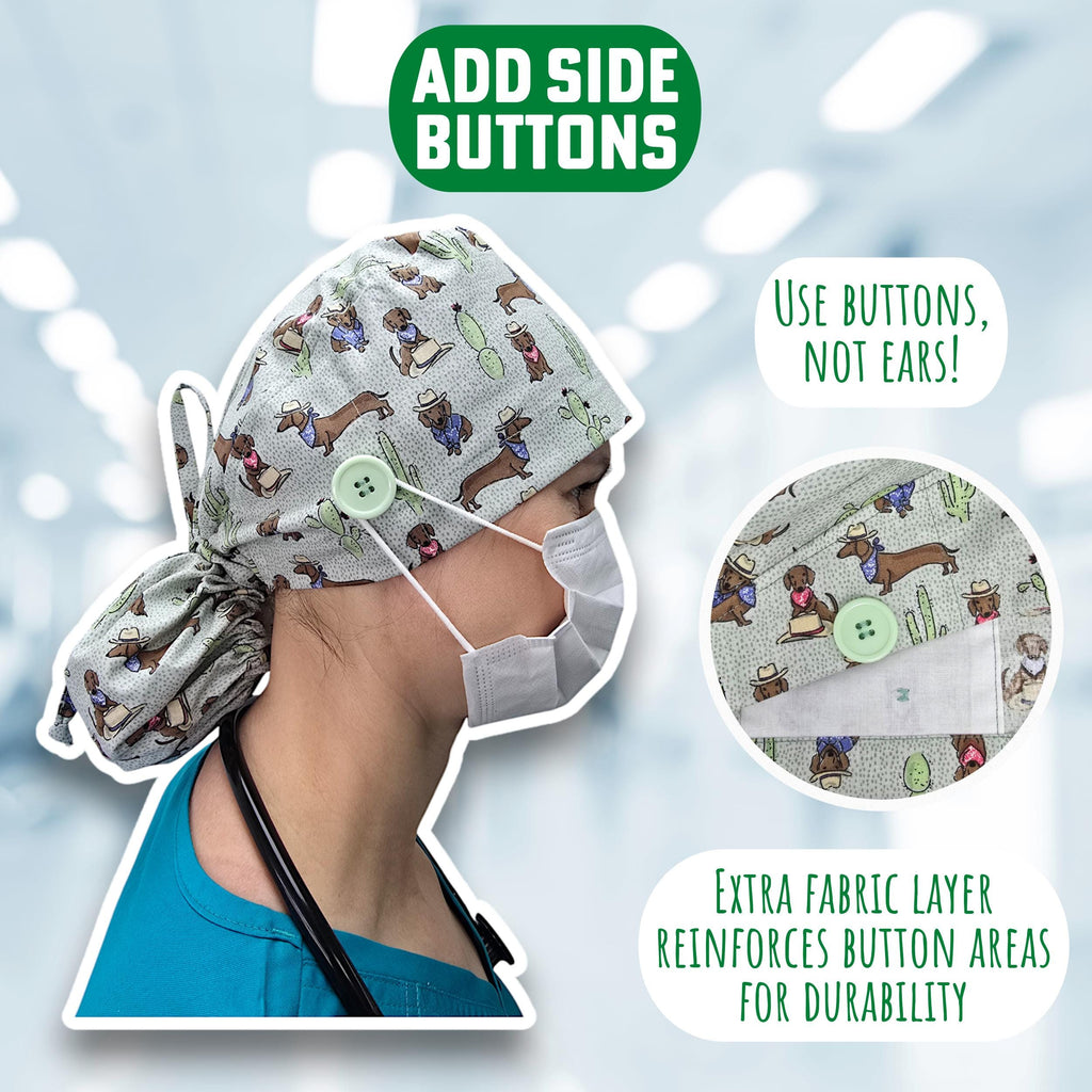 Ponytail scrub cap women. Smile Satin Lined option Ponytail scrub hat. Funny Scrub caps for women by Paradise Caps.
