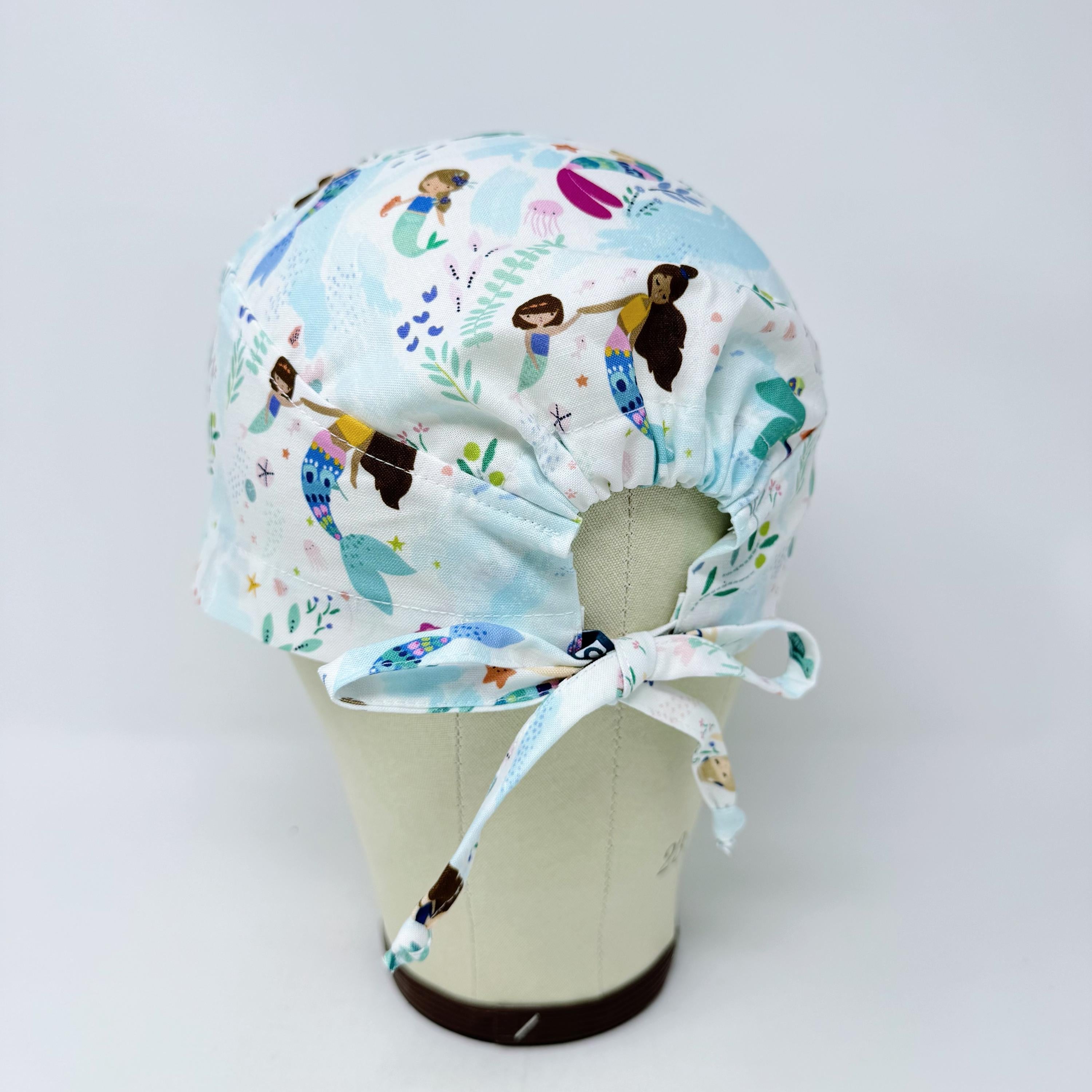 Cute Mermaid Skull tie-back style surgical scrub cap for men by Paradise Caps.