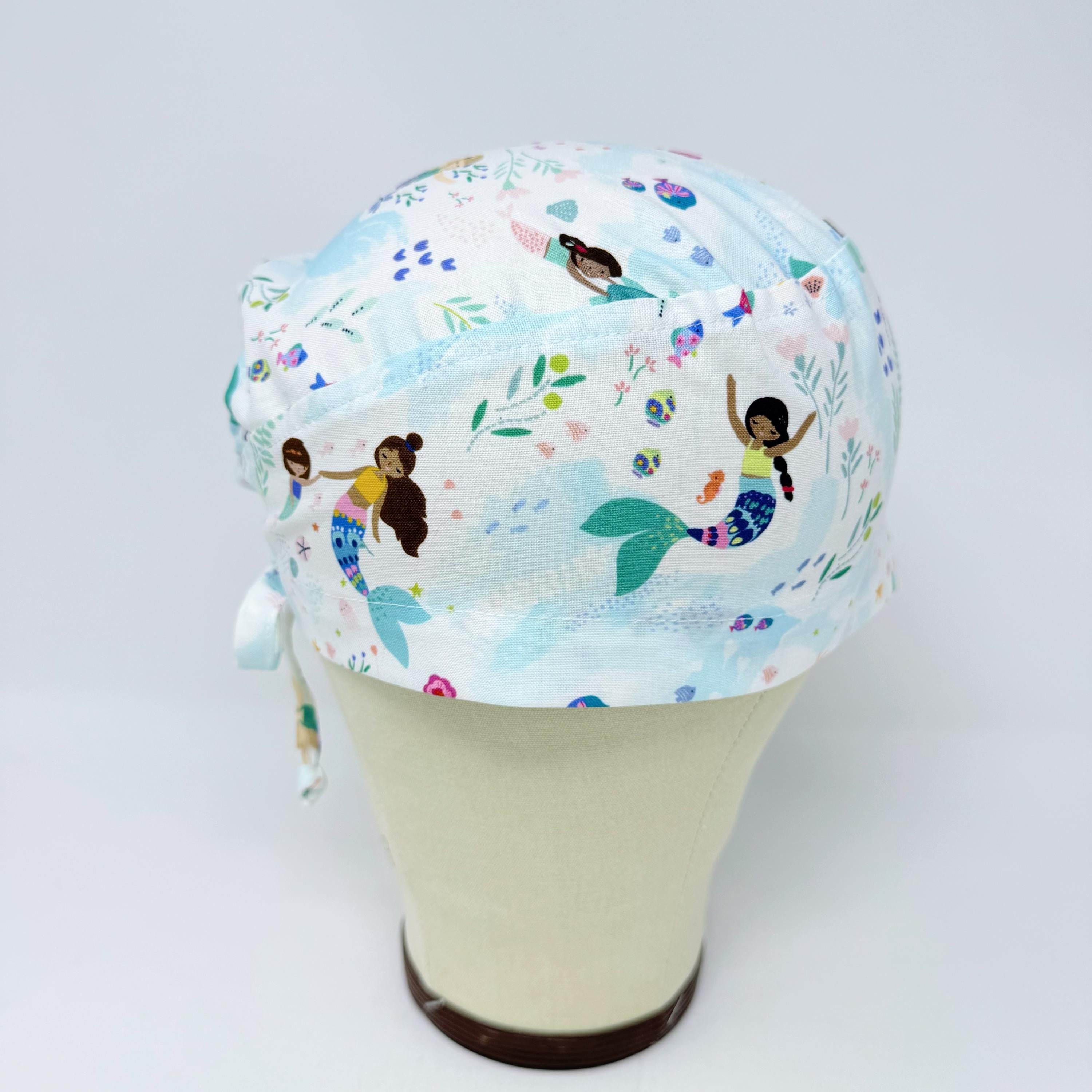Cute Mermaid Skull tie-back style surgical scrub cap for men by Paradise Caps.