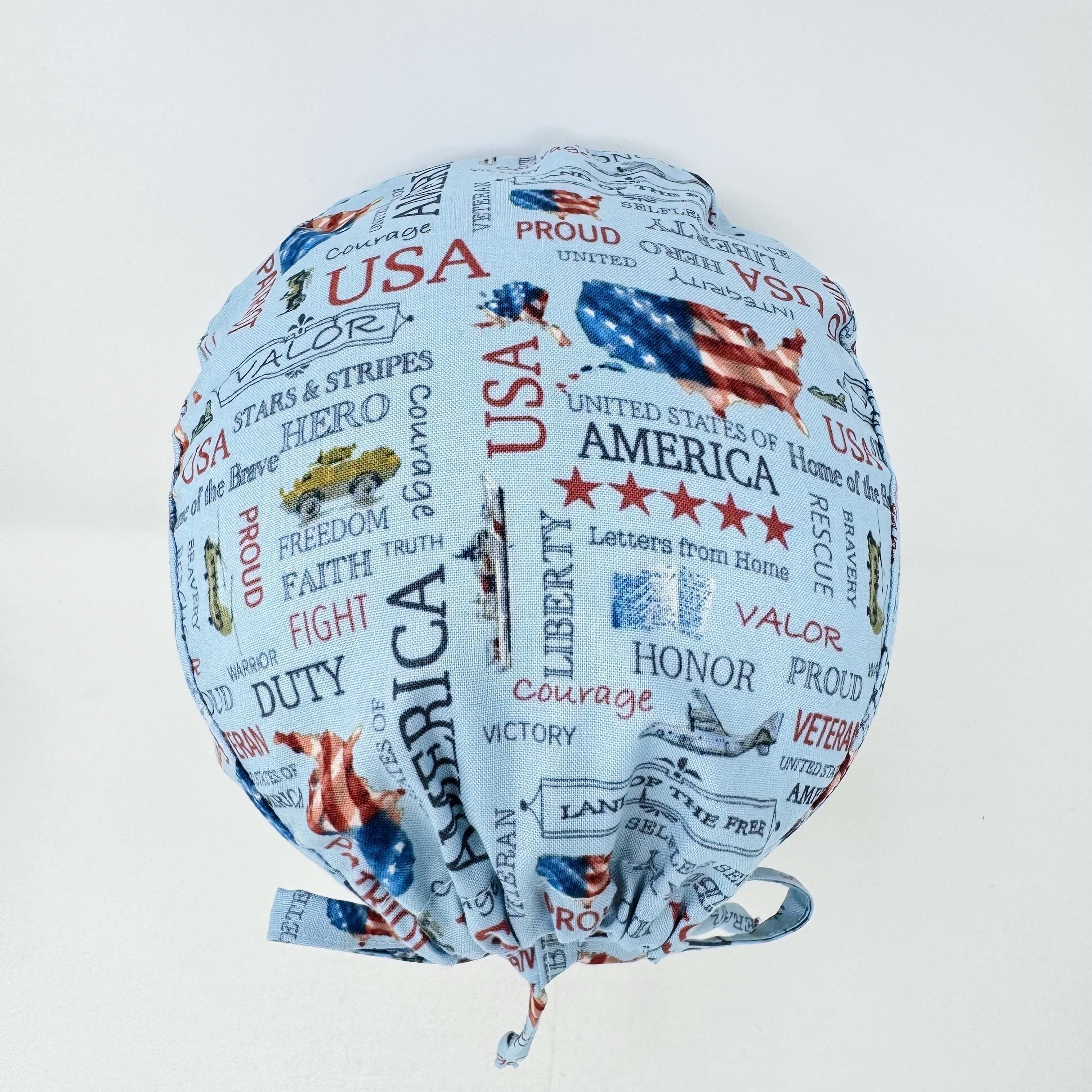 Patriotic Skull tie-back style surgical scrub cap for men by Paradise Caps.