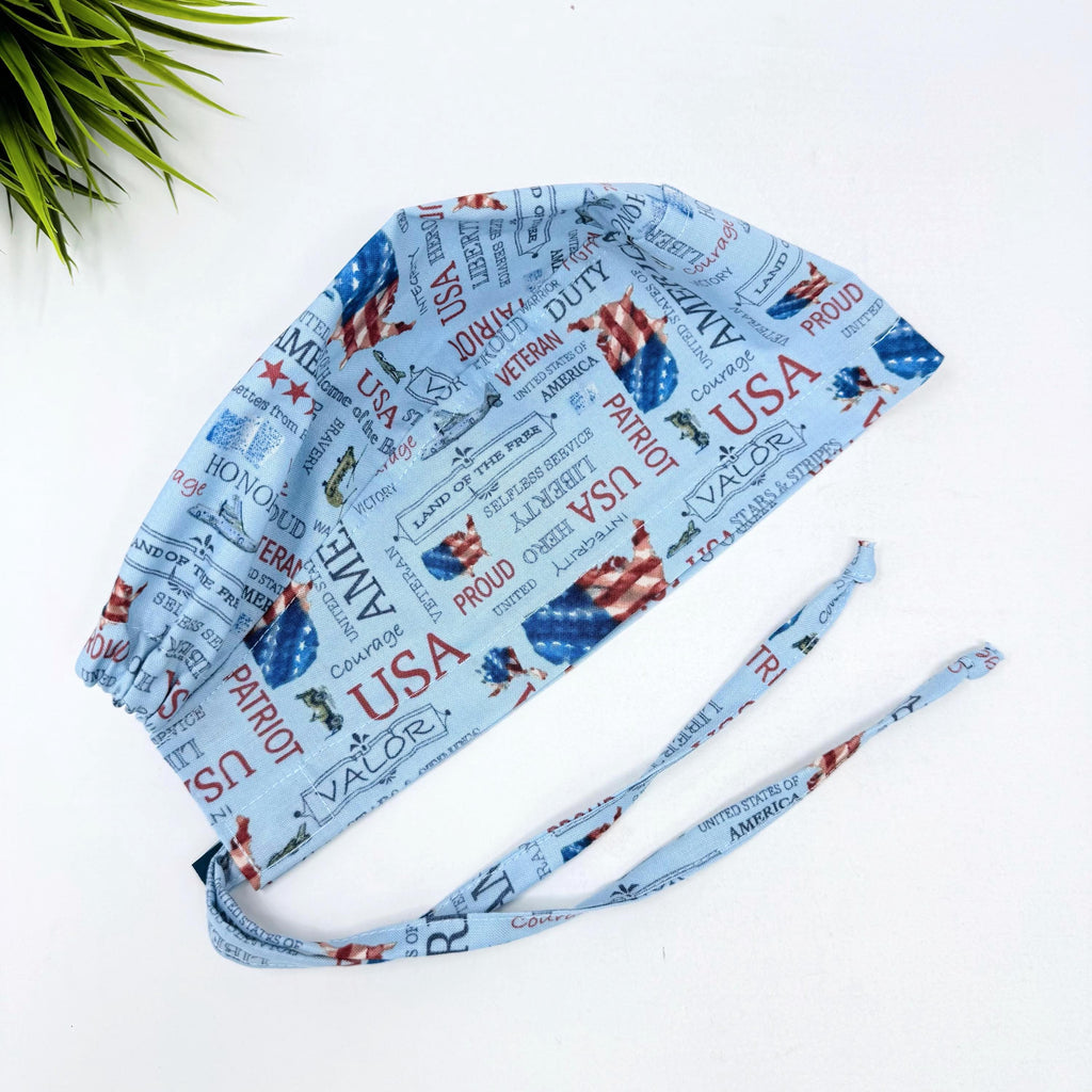Patriotic Skull tie-back style surgical scrub cap for men by Paradise Caps.