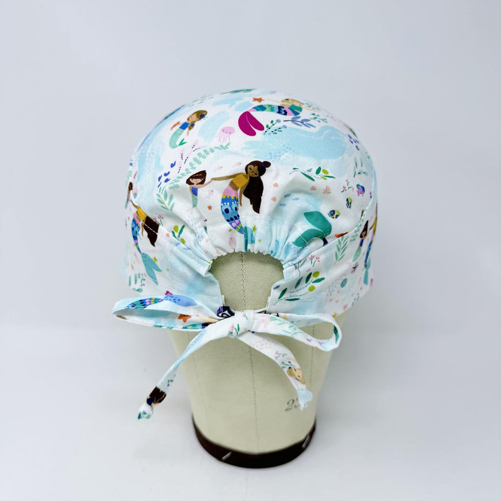 Cute Mermaid Skull tie-back style surgical scrub cap for men by Paradise Caps.