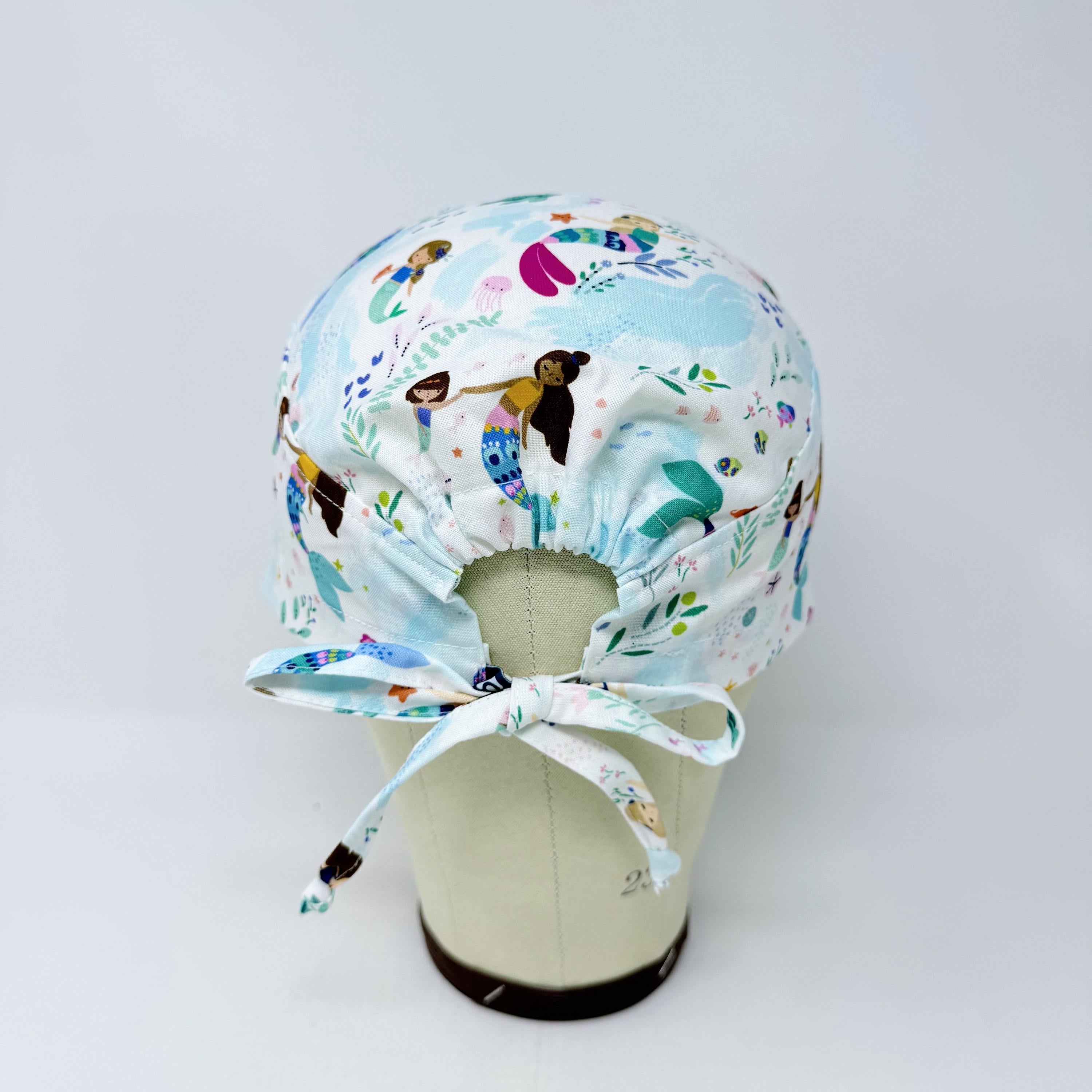 Cute Mermaid Skull tie-back style surgical scrub cap for men by Paradise Caps.