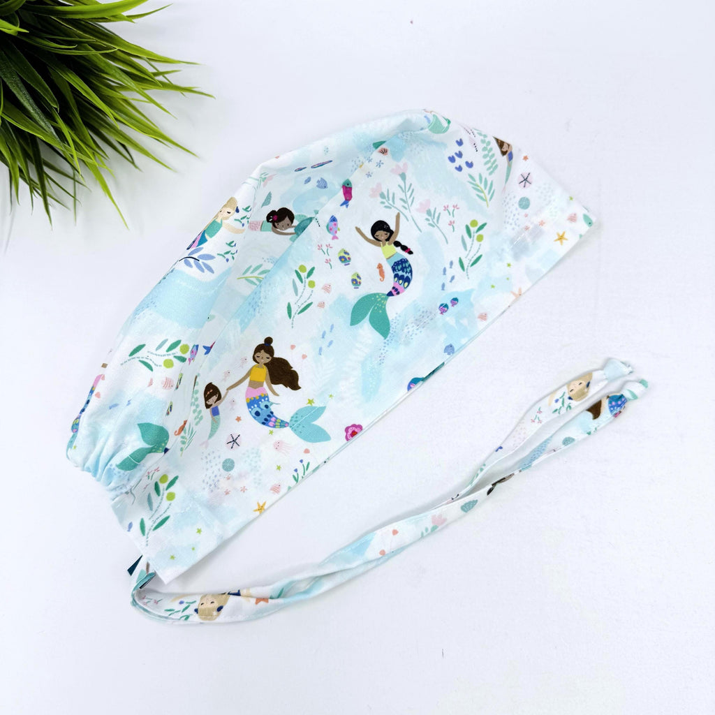 Cute Mermaid Skull tie-back style surgical scrub cap for men by Paradise Caps.