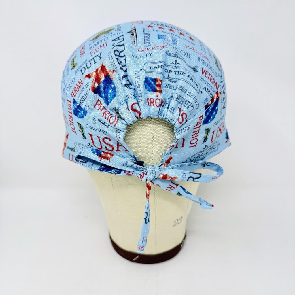 Patriotic Skull tie-back style surgical scrub cap for men by Paradise Caps.