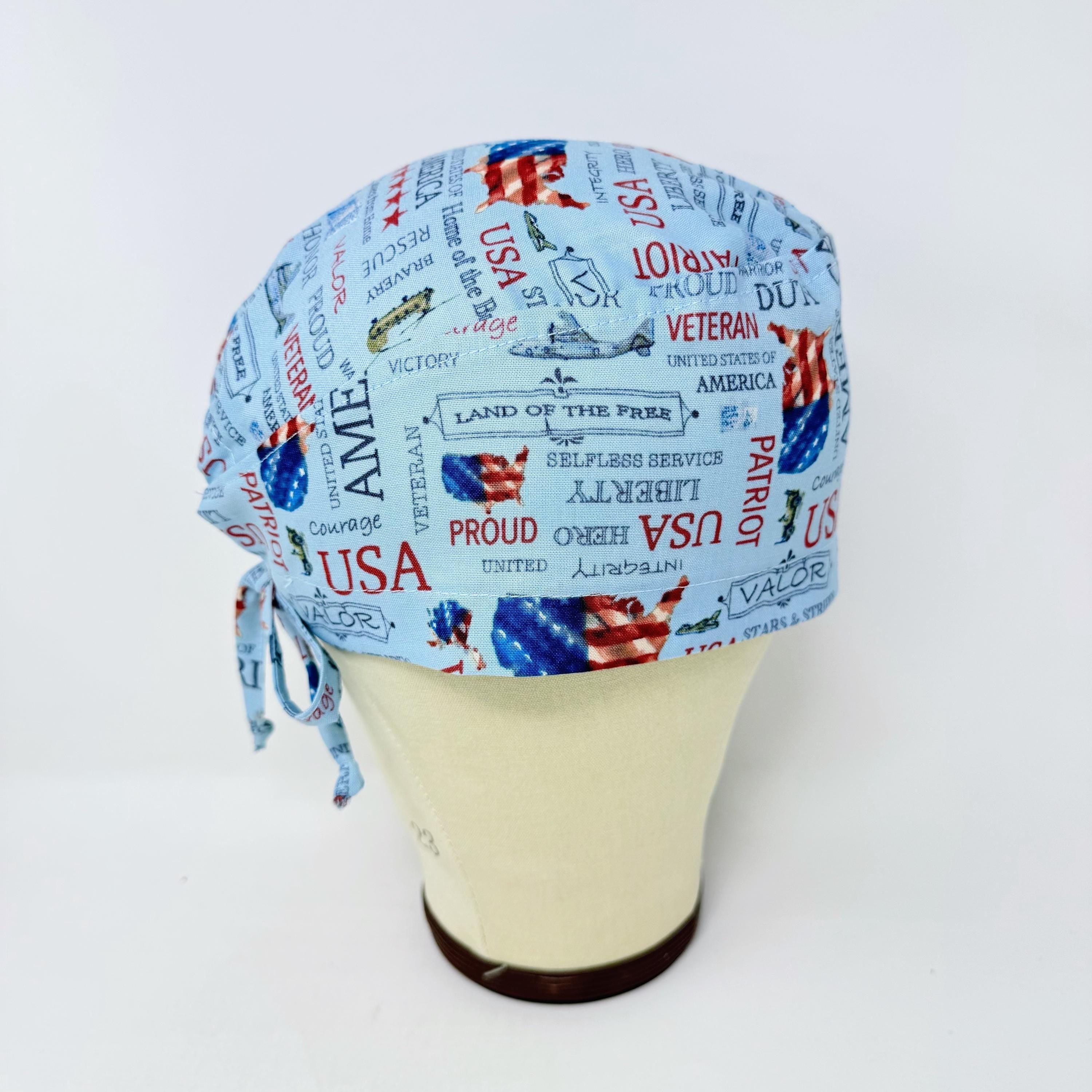 Patriotic Skull tie-back style surgical scrub cap for men by Paradise Caps.