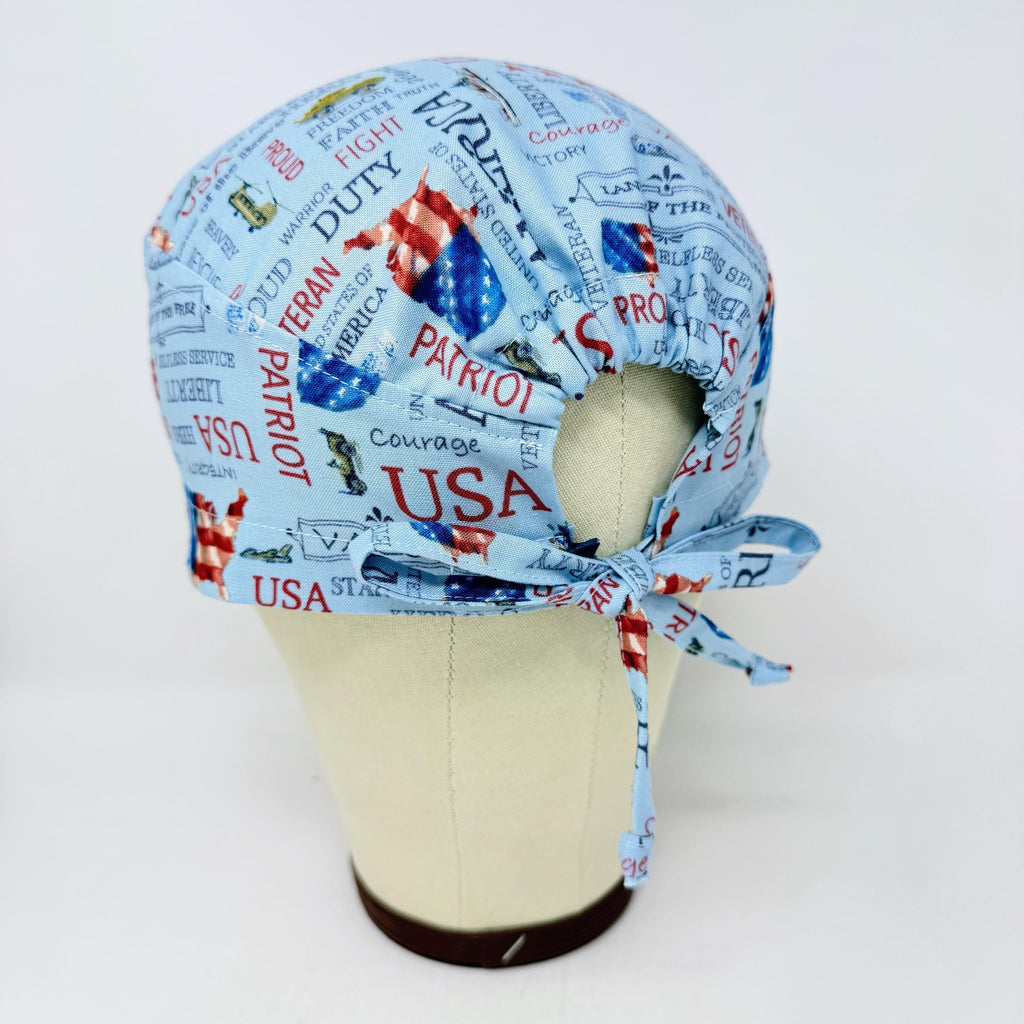 Patriotic Skull tie-back style surgical scrub cap for men by Paradise Caps.