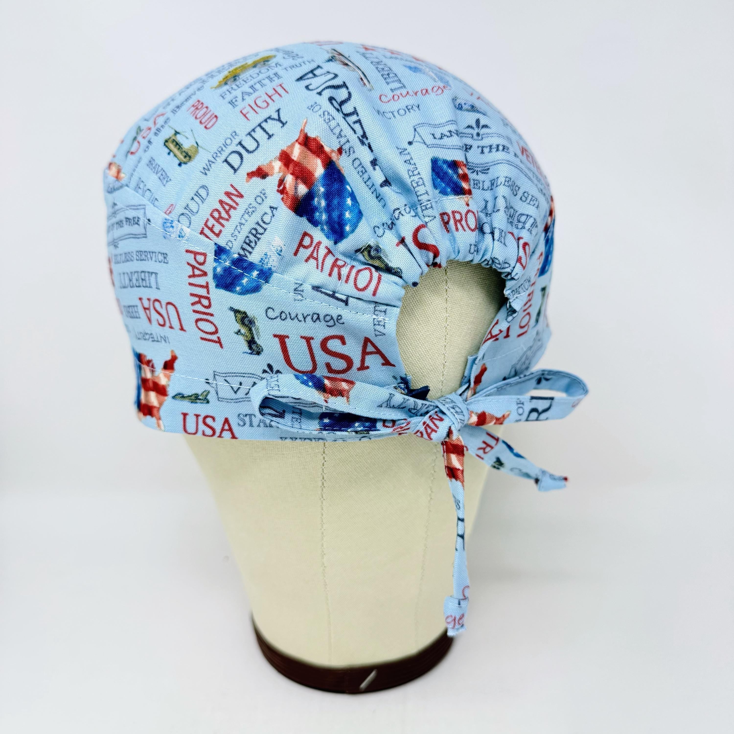 Patriotic Skull tie-back style surgical scrub cap for men by Paradise Caps.