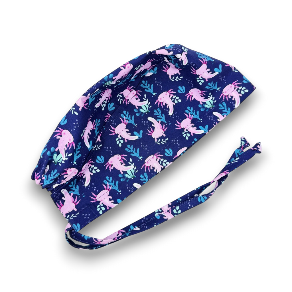Axolotl Skull tie-back style surgical scrub cap for men by Paradise Caps.