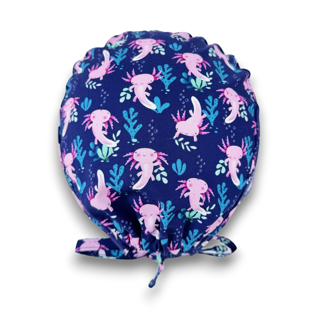 Axolotl Skull tie-back style surgical scrub cap for men by Paradise Caps.