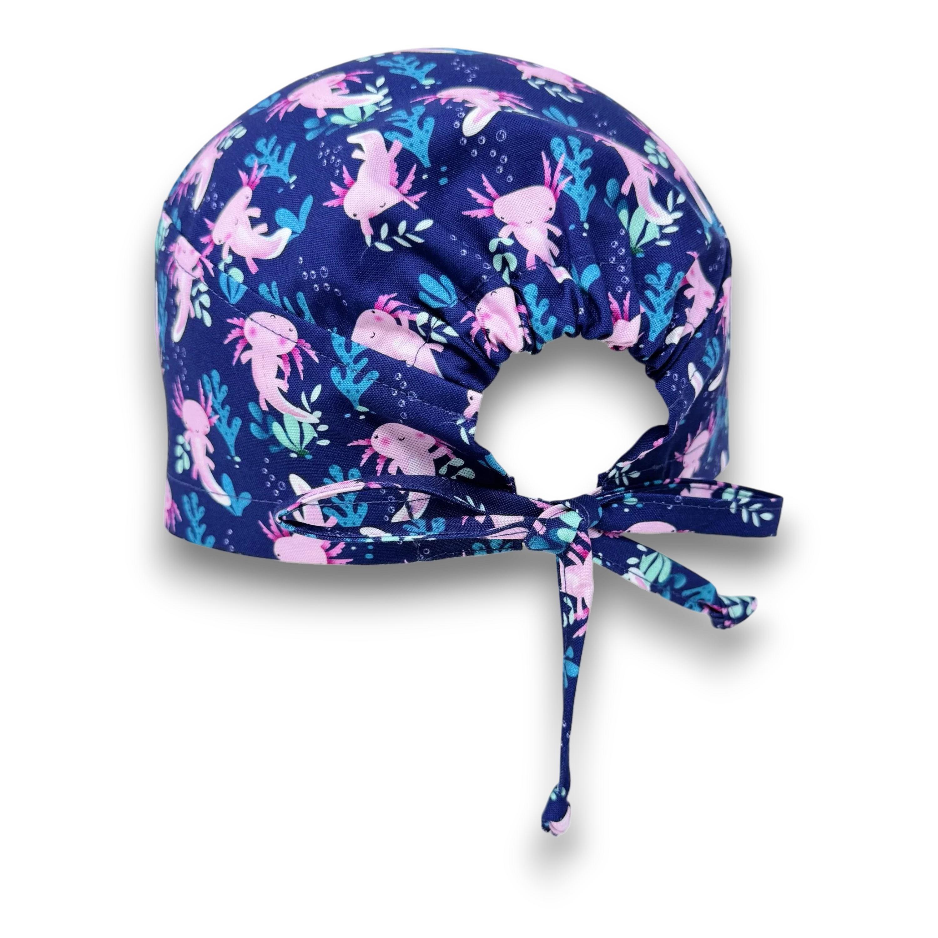 Axolotl Skull tie-back style surgical scrub cap for men by Paradise Caps.