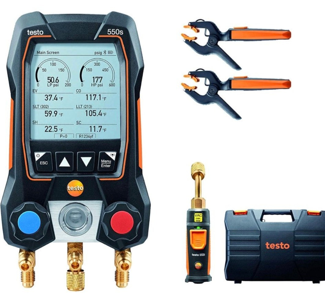 Open Box testo 550s AC Manifold Gauge Set - Manifold Gauges Hvac and Refrigeration - Incl. 2x testo 115i Pipe Clamp Thermometer, 1x testo 552i Micron