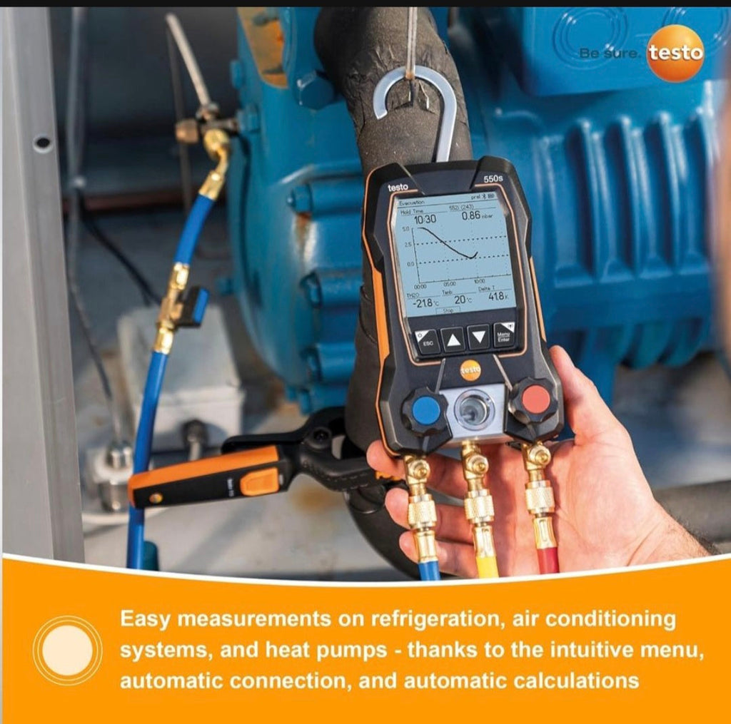 Open Box testo 550s AC Manifold Gauge Set - Manifold Gauges Hvac and Refrigeration - Incl. 2x testo 115i Pipe Clamp Thermometer, 1x testo 552i Micron