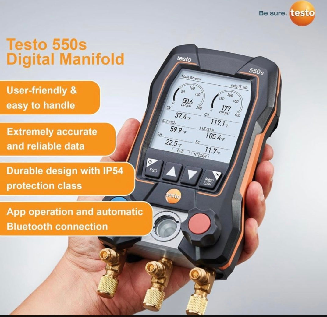 Open Box testo 550s AC Manifold Gauge Set - Manifold Gauges Hvac and Refrigeration - Incl. 2x testo 115i Pipe Clamp Thermometer, 1x testo 552i Micron