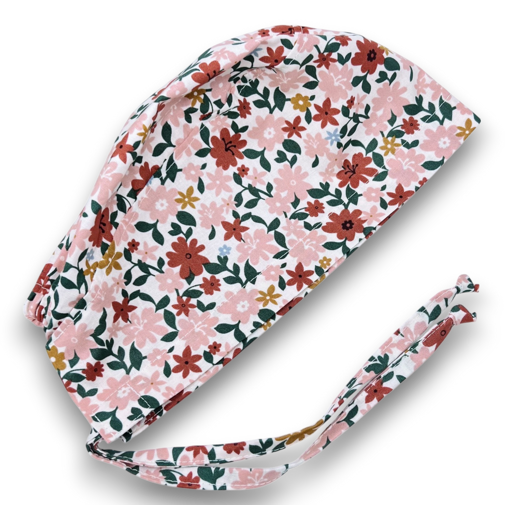 Floral Skull tie-back style surgical scrub cap by Paradise Caps.
